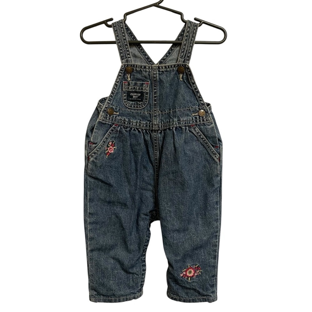Oshkosh Blue Denim Toddler Overalls With Embroidered Flower Detail Sz 6-9 Months